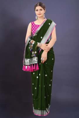 SOFT SILK SAREE WITH WEAVING ZARI WITH TESSEL BORDER FULL CATALOGE sarees catalogs