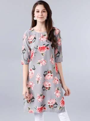 Women Grey & Red Floral Printed Straight Kurti