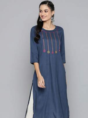 Women Navy Blue Embroidered Yoke Design Straight Kurti