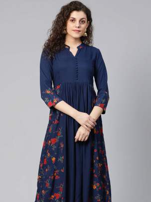 Women Navy Blue & Red Floral Print Detail A-Line Kurti