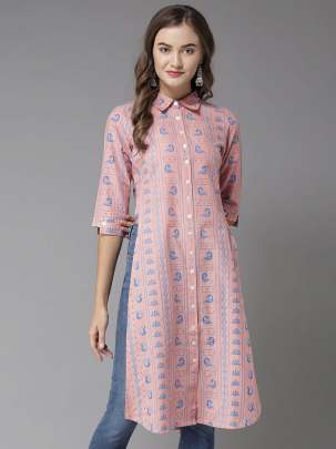Women Pink & Blue Printed Straight Kurti