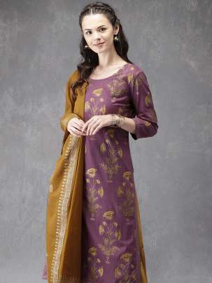 Women Purple & Mustard Yellow Designer Suit